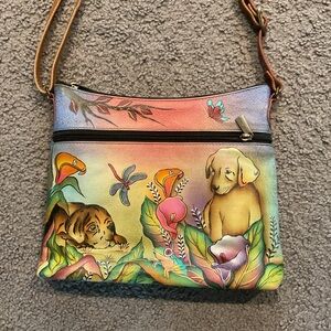 NWOT Anuschka Dog Garden Hand Painted Leather Shoulder Bag Purse Floral Y2K